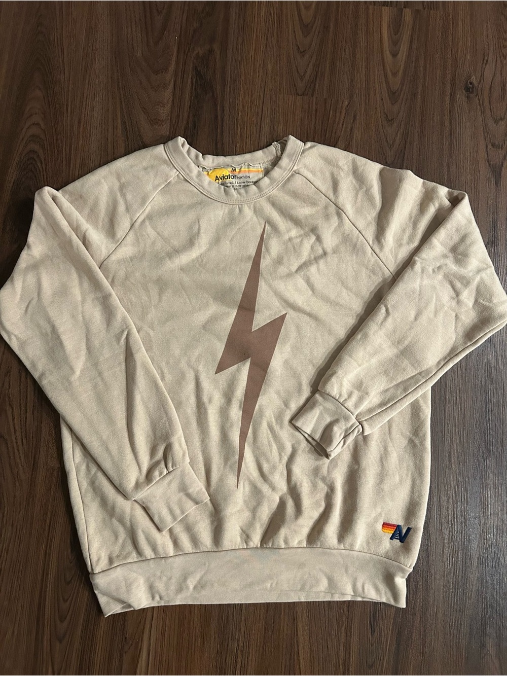 NWOT Aviator Nation Cream Crewneck with Brown Lightning Bolt
